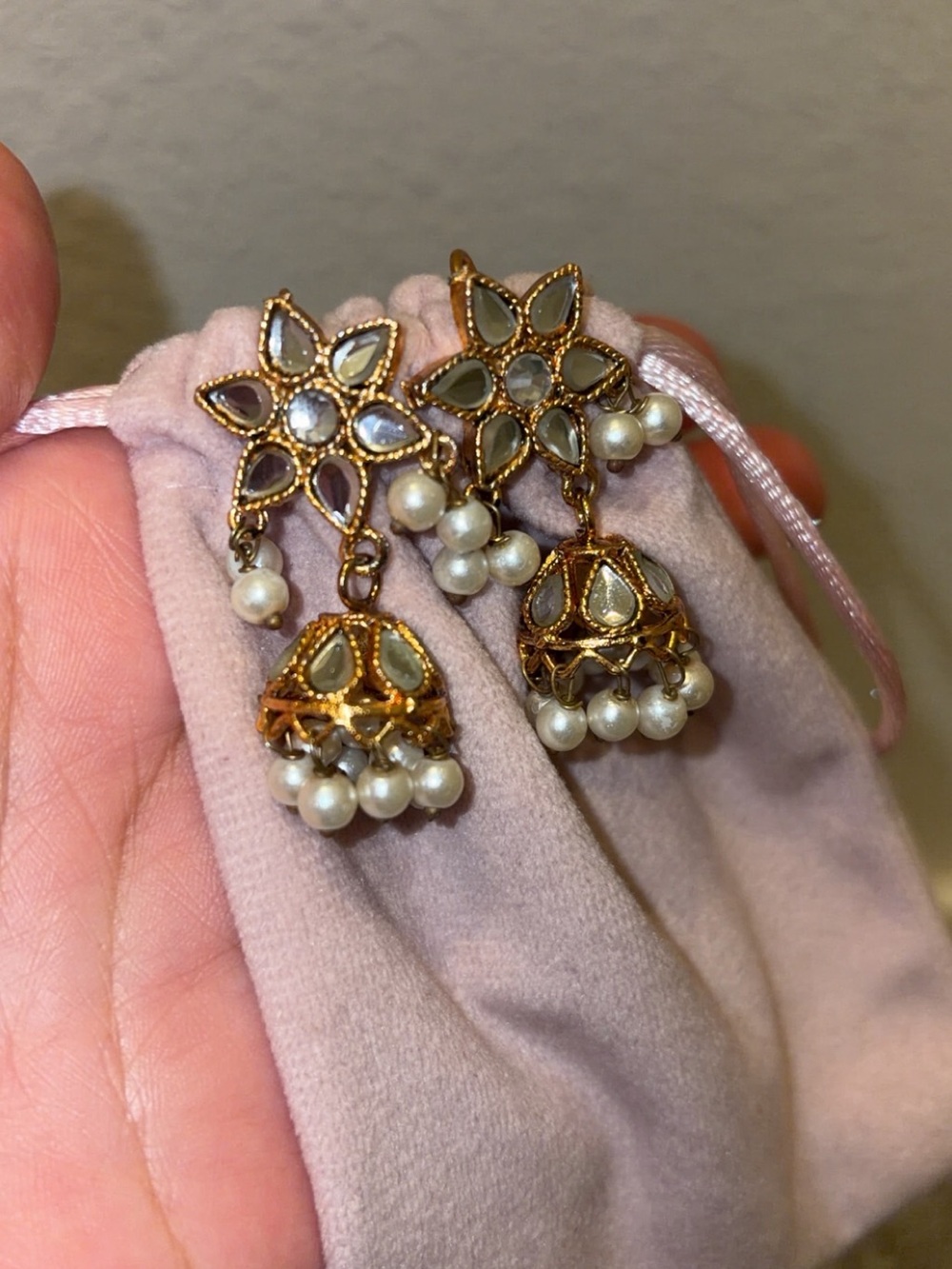 Gold-Tone Pearl Jhumka Earrings with White Kundan Accents